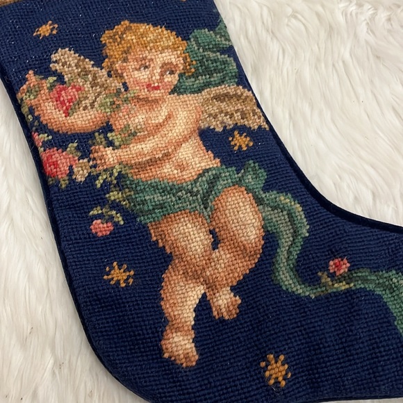 Vintage Needlepoint Stocking Cherub Angel Navy Blue Velour Christmas Wool - Picture 2 of 7